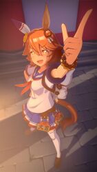  +_+ 1girl 3d :d animal_ears anna_anon arm_up blue_sailor_collar brown_hair clothing_cutout clover_hair_ornament commentary daruma_doll daruma_doll_hair_ornament ear_covers ema english_commentary foreshortening four-leaf_clover_hair_ornament full_body hair_ornament highres horse_ears horse_girl koikatsu_(medium) looking_at_viewer marker matikanefukukitaru_(rising_fortune)_(umamusume) matikanefukukitaru_(umamusume) neckerchief orange_hair outdoors pointing pointing_up red_neckerchief sailor_collar school_uniform short_hair shoulder_cutout single_ear_cover smile solo standing thigh-highs umamusume upper_body v-shaped_eyebrows white_thighhighs 