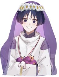  1boy absurdres artist_name black_hair blunt_ends clenched_hand clothing_cutout cropped_torso eyeliner eyeshadow flower flower_wreath food fruit genshin_impact hair_flower hair_ornament happy hashtag-only_commentary highres holding holding_food holding_fruit japanese_clothes kariginu lavender_melon_(genshin_impact) layered_sleeves light_blush looking_at_viewer makeup male_focus nee_madiiiii portrait purple_sleeves purple_veil red_eyeliner red_eyeshadow scaramouche_(genshin_impact) scaramouche_(kabukimono)_(genshin_impact) shoulder_cutout smile solo string twitter_username veil violet_eyes white_flower white_mouth white_sleeves wide_sleeves wispy_bangs 