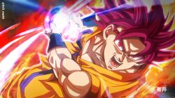  arii_me05 aura dragon_ball dragon_ball_super energy_ball highres kamehameha_(dragon_ball) medium_hair muscular muscular_male open_mouth orange_pants orange_tunic pants red_eyes red_hair son_goku spiky_hair super_saiyan super_saiyan_god tunic twitter_username 