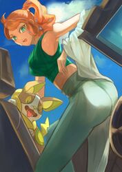  1girl aqua_eyes aqua_shirt ass baby_animal breasts car_interior coat_partially_removed commentary_request crop_top denim dog eyewear_on_head hair_ornament heart heart_hair_ornament highres jeans lab_coat medium_breasts midriff notiu open_mouth orange_hair pants pokemon pokemon_(creature) pokemon_swsh puppy ribbed_shirt shirt side_ponytail side_ponytail_with_hair_base sleeveless sleeveless_shirt sonia_(pokemon) sunglasses sweat swept_bangs teeth upper_teeth_only yamper 