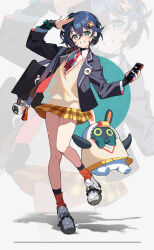  1girl absurdres alternate_costume bag bangboo_(zenless_zone_zero) belle_(zenless_zone_zero) blue_hair blue_jacket blush bracelet brown_skirt brown_sweater_vest checkered_clothes checkered_skirt commentary_request crossed_bangs earrings full_body green_eyes grin hair_between_eyes hair_ornament highres holding holding_phone jacket jewelry letter_hair_ornament looking_at_viewer necktie open_clothes orange_socks parted_lips phone red_necktie salute school_bag school_uniform shadow shirt shoes short_hair skirt smile socks standing standing_on_one_leg sweater_vest white_background white_shirt white_shoes yotte zenless_zone_zero zoom_layer 