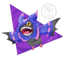  bat_(animal) chiropmon cross-shaped_pupils digimon digimon_(creature) extra_teeth full_body highres hood hood_up hoodie open_mouth purple_background purple_hoodie sharp_teeth simple_background solo symbol-shaped_pupils teeth vgz083 white_background yellow_eyes 