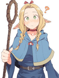  1girl ? blonde_hair blush braid capelet choker dress dungeon_meshi eitopondo elf green_eyes highres holding long_hair long_sleeves looking_at_viewer marcille_donato pointy_ears robe simple_background staff 