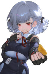  1girl black_ribbon breasts eungsam fingerless_gloves food girls'_frontline_2:_exilium girls_frontline giving_food gloves glutton grey_hair hair_ribbon highres holding holding_food id_card looking_at_viewer medium_hair red_eyes revision ribbon sabrina_(girls'_frontline_2) shirt solo spas-12_(girls'_frontline) white_background white_shirt 