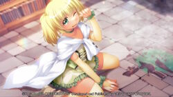  1girl accident atelier-moo blonde_hair blurry blurry_background bookshelf boots bottle bow breasts bridal_gauntlets broken broken_bottle brown_boots choker clothes_around_waist collarbone company_name copyright_notice day elbow_gloves failure frilled_skirt frills from_above game_cg glass_bottle glass_shards gloves green_bow green_choker green_eyes green_shirt green_skirt hair_between_eyes hand_on_floor hand_up indoors jacket jacket_around_waist looking_at_viewer maria_short medium_hair non-web_source one_eye_closed raised_inner_eyebrows shirt short_twintails sitting skirt small_breasts spill steam stone_floor tareme tearing_up tears thigh-highs twintails wariza white_jacket wiping_tears yellow_gloves yellow_thighhighs yuukyuu_gensoukyoku yuukyuu_gensoukyoku_revival 