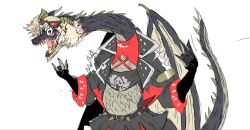  black_jacket black_scales black_skirt black_tube_top blonde_hair burnice_white burnice_white_(cosplay) claws commentary_request cosplay crop_top dragon dragon_horns dragon_tail dragon_wings eyewear_on_head fatalis gloves highres hinata_(sangeki0822) horns jacket monster monster_focus monster_hunter_(series) no_humans one_eye_closed open_mouth red-tinted_eyewear red_eyes sharp_teeth short_hair skirt solo spiked_belt spiked_jacket star_(symbol) strapless sunglasses tail teeth tinted_eyewear tube_top twintails western_dragon wings wink_star zenless_zone_zero 