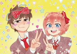  1boy 1girl artist_request blazer blue_eyes bow brown_eyes brown_hair closed_mouth collared_shirt doki_doki_literature_club doki_doki_literature_club_school_uniform drawn_blush drawn_bow drawn_ears eyelashes grey_jacket hair_bow hair_intakes heart highres jacket long_sleeves neck_ribbon necktie non-web_source open_mouth orange_vest pink_hair protagonist_(doki_doki_literature_club) red_bow red_necktie red_ribbon ribbon sayori_(doki_doki_literature_club) school_uniform shirt short_hair smile star_(symbol) teeth triangle upper_teeth_only v vest white_shirt 