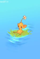  1other colored_skin flower flower_on_head full_body grass highres island nezulet on_grass other_focus pikmin_(creature) pikmin_(series) pointy_ears sitting water white_flower yellow_pikmin yellow_skin 
