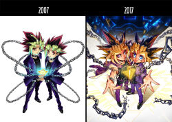  2007 2017 2boys artist_name artist_progress belt belt_collar black_belt black_collar black_shirt black_shoes blonde_streaks blue_eyes bracelet breaking bright_pupils broken broken_chain chain closed_mouth collar commentary_request dual_persona floating_clothes from_above full_body glowing hari_(quartzshow) jacket jacket_around_neck jewelry light_particles long_sleeves looking_at_viewer looking_up male_focus millennium_puzzle multicolored_hair multiple_belts multiple_boys muto_yugi open_hands open_mouth outstretched_arms pants purple_jacket purple_pants reaching reaching_towards_viewer red_eyes redrawn shirt shoes short_hair side-by-side sleeveless sleeveless_shirt smile spiky_hair standing streaked_hair studded_belt studded_bracelet teeth two-sided_fabric two-sided_jacket upper_teeth_only violet_eyes white_pupils wrist_belt yami_yugi yu-gi-oh! 