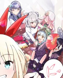  6+girls absurdres apron bag black_hair blonde_hair blue_eyes blue_hair blush boxing_gloves bungo_yayoi catflish closed_eyes couch double_bun eyepatch fingerless_gloves food gloves grey_hair grin hair_bun hairband heaven_burns_red highres holding kanzaki_adelheid long_hair looking_at_another maid monocle multiple_girls one_eye_covered open_mouth pink_hair purple_hair red_eyes ribbon sakuraba_seira satsuki_mari school_uniform shirt short_hair sitting skirt smile speech_bubble sweater teeth tenne_miko thigh-highs v white_hair yamawaki_bon_ivar yellow_eyes 