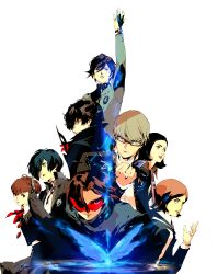  2girls 6+boys amamiya_ren amano_maya anniversary black_coat black_gloves black_hair black_jacket blue_background blue_butterfly blue_eyes blue_hair blue_necktie brown_eyes brown_hair bug butterfly coat collared_jacket commentary copyright_name dated emblem english_commentary evoker eyelashes eyewear_on_head gekkoukan_high_school_uniform gloves grey_hair headphones heart heart_print highres holding holding_mask jacket joker_(persona_5) kamina_shades kamishiro_nagisa looking_at_viewer mask multiple_boys multiple_girls narukami_yu necktie official_art parted_bangs persona persona_1 persona_2 persona_2_batsu persona_2_tsumi persona_3 persona_3_portable persona_4 persona_5 persona_5:_the_phantom_x red-tinted_eyewear red_eyes red_ribbon ribbon school_uniform seven_sisters_high_school_uniform shiomi_kotone shirt short_hair soejima_shigenori st._hermelin_school_uniform suou_tatsuya tinted_eyewear toudou_naoya violet_eyes white_shirt wonder_(p5x) yasogami_school_uniform yuuki_makoto_(persona_3) 