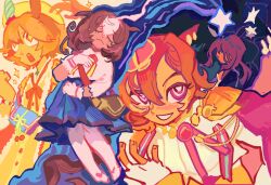  +_+ 4girls ahoge animal_ear_piercing animal_ears armor back-to-back bag beret black_bag black_jacket blue_skirt blush bow bowtie brown_hair buttons cape center_frills clenched_hand closed_eyes closed_mouth commentary crown dot_nose dress ear_covers ears_down english_commentary excited eyelashes faceless faceless_female fingerless_gloves fingernails frilled_gloves frills gloves gold_necklace hair_between_eyes hairband hand_on_own_chest happy hat high-waist_skirt highres horse_ears horse_girl horse_tail huge_ahoge jacket jewelry kashimoto_riko knees long_sleeves looking_at_viewer loose_hair_strand matikanefukukitaru_(lucky_tidings)_(umamusume) matikanefukukitaru_(umamusume) medium_hair medium_skirt meisho_doto_(turbulent_blue)_(umamusume) meisho_doto_(umamusume) merrodi mini_crown multicolored_hair multiple_girls multiple_piercings necklace official_alternate_costume open_clothes open_jacket orange_bow orange_bowtie orange_hair pantyhose pauldrons pink_cape pink_crown pink_eyes pink_hairband pleated_skirt red_bow red_bowtie shirt shooting_star_(symbol) short_hair shoulder_armor shoulder_bag single_ear_cover single_stripe skirt sparkle sparkling_eyes streaked_hair striped_bow striped_bowtie striped_clothes t.m._opera_o_(o_sole_suo!)_(umamusume) t.m._opera_o_(umamusume) tail three-quarter_sleeves umamusume white_gloves white_pantyhose white_shirt yellow_dress yellow_hat 