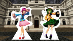 2girls eyeball frilled_shirt_collar furui green_eyes green_hair hairband hand_on_hip hat hat_ribbon heart heart_of_string komeiji_koishi komeiji_satori mikumikudance_(medium) outstretched_arm pink_eyes pink_hair purple_eyes purple_hair ribbon short_hair sisters skirt smile third_eye touhou wide_sleeves