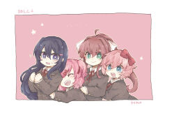  4girls ahoge aqua_eyes artist_name blazer blush bow bright_pupils brown_hair closed_eyes closed_mouth collared_shirt commentary_request doki_doki_literature_club doki_doki_literature_club_school_uniform fangs flying_sweatdrops green_eyes grey_jacket hair_bow hair_intakes hair_ornament hairclip hand_on_another's_hip hand_on_another's_shoulder highres jacket kemo_(kemonngo) long_hair long_sleeves medium_hair monika_(doki_doki_literature_club) multiple_girls natsuki_(doki_doki_literature_club) neck_ribbon open_mouth outline pink_background pink_hair ponytail purple_hair red_bow red_ribbon ribbon sayori_(doki_doki_literature_club) school_uniform shirt short_hair simple_background smile star_(symbol) sweatdrop teeth two_side_up upper_teeth_only violet_eyes white_outline white_pupils white_ribbon white_shirt yuri_(doki_doki_literature_club) 