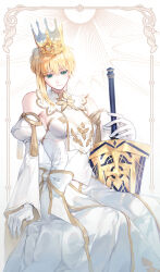  1girl artoria_pendragon_(fate) avalon_(fate) baboteolsegongsa bare_shoulders blonde_hair breasts crown detached_sleeves dress excalibur_(fate/stay_night) fate/grand_order fate_(series) gloves green_eyes highres lord_logres_(fate) lord_logres_(second_ascension)_(fate) short_hair sitting smile solo white_dress white_gloves 