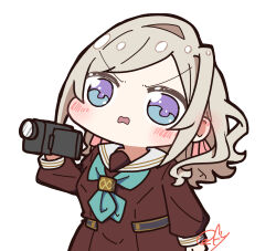  1girl absurdres aqua_neckerchief blue_eyes blush brown_dress camcorder camera ceras_yanagida_lilienfeld chibi chibi_only commentary_request dress ear_blush grey_hair hair_ribbon hasu_no_sora_school_uniform highres holding holding_camera link!_like!_love_live! long_hair long_sleeves looking_at_viewer love_live! neckerchief oofushi_ao open_mouth peanut_mouth pink_ribbon pleated_dress ribbon sailor_collar sailor_dress school_uniform signature single_hair_intake solo v-shaped_eyebrows video_camera virtual_youtuber wavy_hair white_sailor_collar winter_uniform 