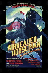  1girl :d absurdres aqua_eyes artist_request belt black_border black_cape black_skirt black_vest blush boots border bow bright_pupils brown_belt cape collared_shirt commentary company_name copyright_notice doki_doki_literature_club english_commentary english_text eyelashes flower hair_intakes headless_horseman highres holding holding_detached_head horse horseback_riding long_sleeves merchandise_available official_art open_mouth parody pink_hair poster_(medium) red_bow red_flower riding sayori_(doki_doki_literature_club) second-party_source shirt short_hair skirt smile solo vest watermark white_boots white_pupils white_shirt 