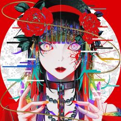  1girl absurdres bead_necklace beads black_hair blue_nails blunt_bangs button_eyes buttons chain chain_leash commentary_request cracked_skin doll doll_joints double_exposure dress eyelashes eyeliner eyeshadow film_grain floral_background flower glitch hairband hands_up highres jewelry joints leaf leash long_hair looking_at_viewer makeup mismatched_pupils multicolored_eyes multicolored_hair multicolored_nails necklace original parted_lips pink_nails portrait purple_eyeshadow red_dress red_eyeliner red_flower red_hairband red_lips red_nails red_pupils red_rose red_theme rose single_off_shoulder solo syakemayusan thread yellow_nails 