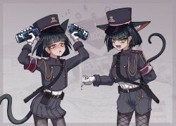  2girls alcohol animal_ears arm_behind_back bags_under_eyes belt black_hair blue_archive brassard cat_ears cat_tail cigarette cosplay drooling drunk english_commentary extra_ears four_loko gloves hat highres hikari_(blue_archive) hikari_(blue_archive)_(cosplay) keyring leggings looking_at_viewer multiple_girls nozomi_(blue_archive) nozomi_(blue_archive)_(cosplay) original pantyhose razpaz shako_cap shirt shirt_tucked_in shorts skirt smile smoking spanish_commentary tail torn_clothes torn_pantyhose walkie-talkie white_gloves white_shirt yellow_eyes 