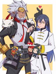  2boys beard black_hair black_jacket black_pants blue_hair border cake coat commentary cowboy_shot cropped_jacket digimon digimon_(creature) digimon_beatbreak facial_hair flaremon food gokuwmon grey_hair heart highres jacket kanada_genjo kutsuna_kaito long_hair lws4cydxt monkey_boy monkey_tail multiple_boys murasamemon no_shirt pants sawashiro_kyo simple_background strawberry_shortcake stuffed_toy symbol-only_commentary tail white_border white_coat white_pants yellow_background yellow_eyes 