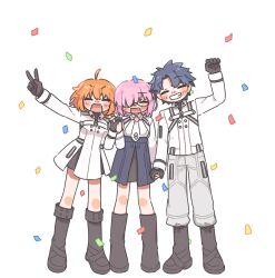  1boy 2girls ahoge anko_omotimoti baggy_pants bike_shorts black-framed_eyewear black_boots black_gloves black_shirt black_shorts black_skirt blue_hair blue_skirt blush boots breasts clenched_hand closed_eyes collared_shirt commentary_request confetti dress fate/grand_order fate_(series) fujimaru_ritsuka_(female) fujimaru_ritsuka_(female)_(decisive_battle_chaldea_uniform) fujimaru_ritsuka_(male) fujimaru_ritsuka_(male)_(decisive_battle_chaldea_uniform) full_body glasses gloves hair_between_eyes hair_over_one_eye hand_up hands_up happy high-waist_skirt highres holding_hands jacket long_sleeves mash_kyrielight mash_kyrielight_(chaldea_uniform) medium_breasts multiple_girls necktie open_mouth orange_hair pants pink_hair semi-rimless_eyewear shirt short_dress short_hair shorts simple_background skirt smile standing teeth turtleneck turtleneck_shirt two-tone_skirt v v-shaped_eyebrows white_background white_dress white_jacket white_necktie white_pants white_shirt 