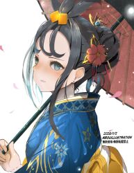  1girl alternate_costume alternate_hairstyle black_hair blue_kimono blush bo_(bouillustration) cube_hair_ornament flower grey_eyes hair_bun hair_flower hair_ornament highres holding holding_umbrella japanese_clothes kimono lida_(pokemon) long_hair long_sleeves looking_at_viewer mega_stone parted_lips pokemon pokemon_legends:_z-a solo umbrella 