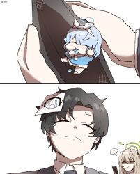  1boy 2girls arona_(blue_archive) artist_name black_hair blue_archive blue_archive_the_animation blue_hair blue_halo bow_hairband brown_hair chibi commentary credit_card doodle_sensei_(blue_archive) eating green_eyes hair_over_one_eye hairband halo heart highres holding holding_wallet kai_xin long_hair multiple_girls nonomi_(blue_archive) pyroxene_(blue_archive) sensei_(blue_archive) sensei_(blue_archive_the_animation) short_hair simple_background skirt smile spoken_heart symbol-only_commentary v wallet white_background white_hairband white_skirt 