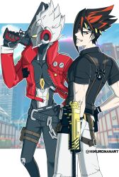  2boys anton_ivanov billy_kid black_hair fingerless_gloves gloves grey_hair headband highres himuronanart holding humanoid_robot jacket looking_at_viewer multicolored_hair multiple_boys pants red_eyes red_hair red_jacket robot shirt short_hair smile streaked_hair white_hair zenless_zone_zero 