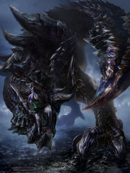  chin_spike glavenus green_eyes highres horns kurotokusa monster monster_focus monster_hunter_(series) no_humans open_mouth scales sharp_tail spikes tail talons 