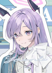  1girl absurdres alternate_costume blue_archive bow choker coat comiket_107 commentary_request cropped green_coat grey_suit hair_between_eyes hair_intakes hair_over_shoulder halo highres lapels long_hair looking_ahead mechanical_ears notched_lapels open_clothes open_coat purple_hair purple_halo sakana-ko shirt sidelocks smile solo suit upper_body utaha_(blue_archive) violet_eyes white_bow white_choker white_shirt 