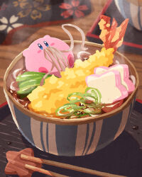  bowl chopsticks commentary_request eating food food_focus highres in_food kirby kirby_(series) miclot new_year noodles shrimp shrimp_tempura soba solo tempura 