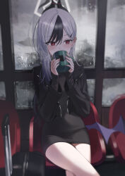  1girl absurdres alternate_costume black_dress black_hair black_horns black_jacket blue_archive blush bright_pupils coffee_mug commentary covered_mouth cropped_jacket crossed_legs cup dated_commentary demon_girl demon_horns demon_wings dress drinking earclip grey_halo hair_behind_ear hair_between_eyes halo highres holding holding_cup horns jacket kayoko_(blue_archive) long_hair looking_to_the_side low_wings mug multicolored_hair okkimon open_clothes open_jacket red_eyes rolling_suitcase short_dress single_wing sitting solo suitcase two-tone_hair white_hair white_pupils wings 