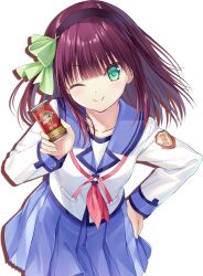  1girl ;) angel_beats! april_fools black_hairband blue_skirt blunt_bangs blush bow c: can canned_coffee closed_mouth collarbone cowboy_shot drink_can drop_shadow eyes_visible_through_hair floating_hair green_bow green_eyes hair_between_eyes hair_bow hairband hand_on_own_hip hand_up happy highres holding holding_can key_coffee_(meme) long_sleeves looking_at_viewer medium_hair meme miniskirt na-ga nakamura_yuri neckerchief official_art one_eye_closed pink_neckerchief pleated_skirt purple_hair shinda_sekai_sensen_uniform shirt simple_background skirt smile solo split_mouth straight_hair third-party_edit transparent_background white_shirt 