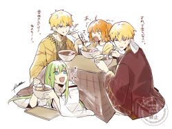  1girl 1other 2boys ^^^ ahoge artist_name blanket blonde_hair blue_eyes bowl brown_kimono cape chain chopsticks circlet closed_mouth commentary_request cube_earrings dual_persona earrings eating enkidu_(fate) fate/grand_order fate_(series) food fork from_side fujimaru_ritsuka_(female) full_body gem gilgamesh_(caster)_(fate) gilgamesh_(fate) gold_chain gold_earrings gold_necklace green_hair hair_between_eyes hair_ornament half-closed_eyes hand_up hands_up haori highres holding holding_bowl holding_chopsticks holding_fork hood hooded_cape hoodie japanese_clothes jewelry kimono long_hair long_sleeves looking_at_another lying multiple_boys necklace noodles on_stomach one_side_up open_clothes open_hoodie open_mouth orange_hair red_eyes red_haori shirt short_hair shrimp shrimp_tempura sidelocks simple_background sitting smile soup sweatdrop t-shirt table teeth tempura translation_request tray tuna_kann5 v-shaped_eyebrows veil watermark white_background white_cape white_shirt white_veil wide_sleeves yellow_eyes yellow_haori yellow_hoodie 