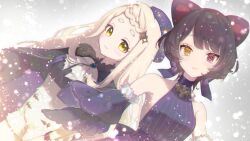  2girls animal_ear_fluff animal_ears bare_shoulders beret black_sash blonde_hair blue_dress blue_sleeves blush braid braided_bangs breasts brooch brown_hair capelet cat_ears cloak collar detached_sleeves dog_ears dog_girl dress ena1215 forehead frills fur-trimmed_sleeves fur_trim gem grey_background hair_ornament halter_dress halterneck hat heterochromia high-low_skirt inui_toko inui_toko_(nornis) jewelry leaning_on_person long_hair long_sleeves looking_at_viewer machita_chima machita_chima_(nornis) mismatched_pupils multiple_girls nijisanji nornis purple_dress purple_hair red_eyes ribbon sash shirt short_hair simple_background sleeveless smile snow sparkle swept_bangs symbol_in_eye virtual_youtuber wavy_hair white_dress yellow_eyes 