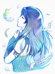  1girl akatamanegi_ill arm_ribbon bare_shoulders blue_arm_warmers blue_cardigan bluesky_username cardigan closed_eyes dated falling_feathers falling_petals feathers final_fantasy final_fantasy_viii highres holding holding_jewelry holding_necklace holding_ring jewelry long_hair multicolored_hair necklace petals pink_petals ribbon ring ring_necklace rinoa_heartilly solo streaked_hair twitter_username upper_body white_background 