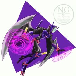  1boy armor belt black_bodysuit bodysuit digimon digimon_(creature) full_body helmet highres male_focus nightchiropmon purple_armor purple_background purple_helmet simple_background solo vgz083 white_background wings 
