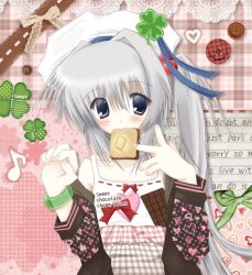 1girl 2000s_(style) blue_eyes butter character_request chocolate_print clover english_text fingernails food food_in_mouth four-leaf_clover frilled_shirt frills girl hair_bobbles ipodchan jacket musical_note print_shirt silver_hair strap tagme text toast toast_in_mouth white_shirt