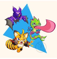  arm_cannon bat_(animal) blue_eyes chiropmon crescent digimon digimon_(creature) digimon_beatbreak facial_mark forehead_mark gauntlets gecko gekkomon grey_eyes group_picture hood hood_up pristimon purple_hood simple_background slit_pupils stuffed_animal stuffed_toy tongue tongue_out vgz083 weapon yellow_eyes 