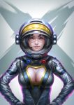  1girl astronaut black_hair blue_eyes breasts center_opening cleavage cleavage_cutout commentary gloves hands_on_hips headgear headset helmet large_breasts looking_at_viewer mole mole_under_eye nose original parted_lips short_hair smile solo spacesuit upper_body wen_juinn 