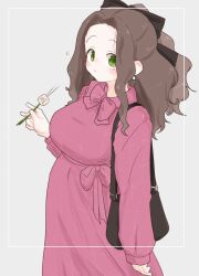  1girl bag black_bag black_bow blush bow breasts brown_hair closed_mouth cowboy_shot dress earrings food forehead green_eyes grey_background hair_bow hand_up highres inset_border jewelry large_breasts long_hair long_sleeves looking_at_viewer marshmallow olto_rondo original pink_dress shoulder_bag simple_background solo 