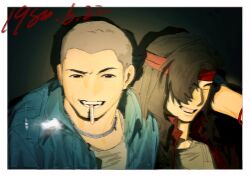 2boys arm_around_shoulder black_eyes black_hair blue_jacket bracelet buzz_cut camera_flash casual chain chain_necklace closed_eyes closed_mouth contemporary dated enopth1102 grey_shirt grin hair_over_one_eye headband highres jacket jewelry kung_lao liu_kang looking_at_viewer male_focus medium_hair mortal_kombat mortal_kombat_(series) multiple_boys necklace open_clothes open_mouth open_shirt photo_(object) red_headband red_shirt shirt short_hair smile smoking very_short_hair