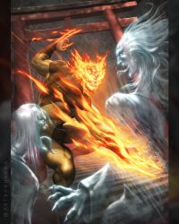  1boy 2others bodysuit brown_bodysuit claws comic_cover commentary daken english_commentary fighting fire flaming_skull forked_tongue ghost hellverine highres kunkka male_focus marvel multicolored_bodysuit multiple_others official_art open_mouth see-through_body skull superhero_costume tongue torii twitter_username white_hair wolverine_(x-men) x-men yellow_bodysuit 