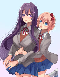  2girls aqua_background blazer blue_eyes blue_skirt blush bow brown_sweater_vest brown_vest collared_shirt commentary_request doki_doki_literature_club doki_doki_literature_club_school_uniform eyelashes grey_jacket hair_between_eyes hair_bow hair_intakes hair_ornament hairclip highres hug hug_from_behind jacket long_hair long_sleeves multiple_girls muno_beam neck_ribbon open_clothes open_jacket open_mouth own_hands_together pink_hair purple_hair red_bow red_ribbon ribbon sayori_(doki_doki_literature_club) school_uniform shirt shoes short_hair simple_background skirt smile socks standing standing_on_one_leg sweater_vest vest violet_eyes white_shirt white_shoes white_socks yuri_(doki_doki_literature_club) 