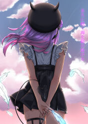  absurdres beret black_hat black_skirt demon_girl demon_tail facing_away feathers hat highres holding holding_feather hololive nyang-kaz official_alternate_costume piercing pink_hair shirt skirt tail tail_ornament tail_piercing thigh_strap tokoyami_towa tokoyami_towa_(jirai_kei) virtual_youtuber white_shirt 
