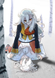  1girl absurdres ahoge ascot braid braided_ponytail chaldea_logo chaldea_security_organization chaldea_uniform coat fate/grand_order fate_(series) father_and_daughter grey_trim grey_vest highres lab_coat lim_(r1m_1031) long_hair long_sleeves marisbury_animusphere olga_marie_animusphere orange_eyes orange_pantyhose pantyhose red_ascot shaded_face side_braid single_braid suit very_long_hair vest white_coat white_hair white_suit 