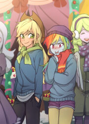  4girls ahoge animification applejack applejack_(equestria_girls) black_pants blonde_hair blue_skin blue_sweater brown_hat character_request christmas colored_skin commentary cowboy_hat dcon_34 earmuffs freckles green_eyes hands_in_pockets hat height highres long_hair long_sleeves looking_at_another multicolored_hair multiple_girls my_little_pony my_little_pony:_equestria_girls my_little_pony:_friendship_is_magic orange_skin pants personification purple_hat purple_shorts rainbow_dash rainbow_dash_(equestria_girls) rainbow_hair red_eyes red_scarf scarf shorts smile standing sweater wings winter_clothes 