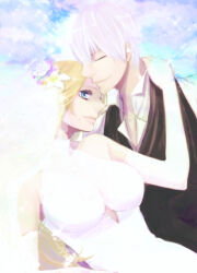  1boy 1girl black_vest bleach blonde_hair blue_eyes breasts bridal_gauntlets bridal_veil closed_eyes clothing_cutout commentary_request dress flower hair_flower hair_ornament hana_(interstice) hetero ichimaru_gin large_breasts long_hair matsumoto_rangiku mole mole_under_mouth sleeveless sleeveless_turtleneck smile sparkle thick_lips turtleneck turtleneck_dress veil vest white_bridal_gauntlets white_dress white_hair 