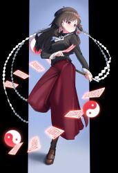  1girl absurdres alternate_costume beret between_fingers black_hat black_sweater brown_hair brown_shoes closed_mouth commentary commission cosplay frilled_hair_tubes frills full_body gohei hair_tubes hakurei_reimu hat highres holding holding_gohei lace-trimmed_sleeves lace_trim loafers long_hair long_sleeves love_live! love_live!_nijigasaki_high_school_idol_club mayou940114 ofuda ofuda_between_fingers orb osaka_shizuku osaka_shizuku_(cosplay) pixiv_commission red_skirt shoes skirt solo standing standing_on_one_leg sweater touhou yin_yang yin_yang_orb 