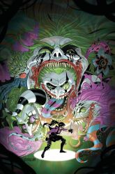  1boy 1girl artist_name batman_(series) black_boots black_dress black_hair black_sclera bloodshot_eyes blue_tongue blush_stickers body_horror bodystocking boots clown colored_sclera colored_skin colored_tongue comic_cover commentary dc_comics dress dual_wielding english_commentary extra_teeth forked_tongue green_hair green_sclera green_tongue heterochromia highres holding holding_knife horror_(theme) joker_(dc) knife monster_boy multicolored_tongue multiple_heads official_art open_mouth pink_hair ponytail profile punchline_(dc) purple_bodystocking purple_sclera purple_tongue sharp_teeth size_difference slit_pupils spotlight surreal teeth tentacles tongue tongue_out torn_bodystocking torn_clothes vasco_georgiev vignetting white_skin 